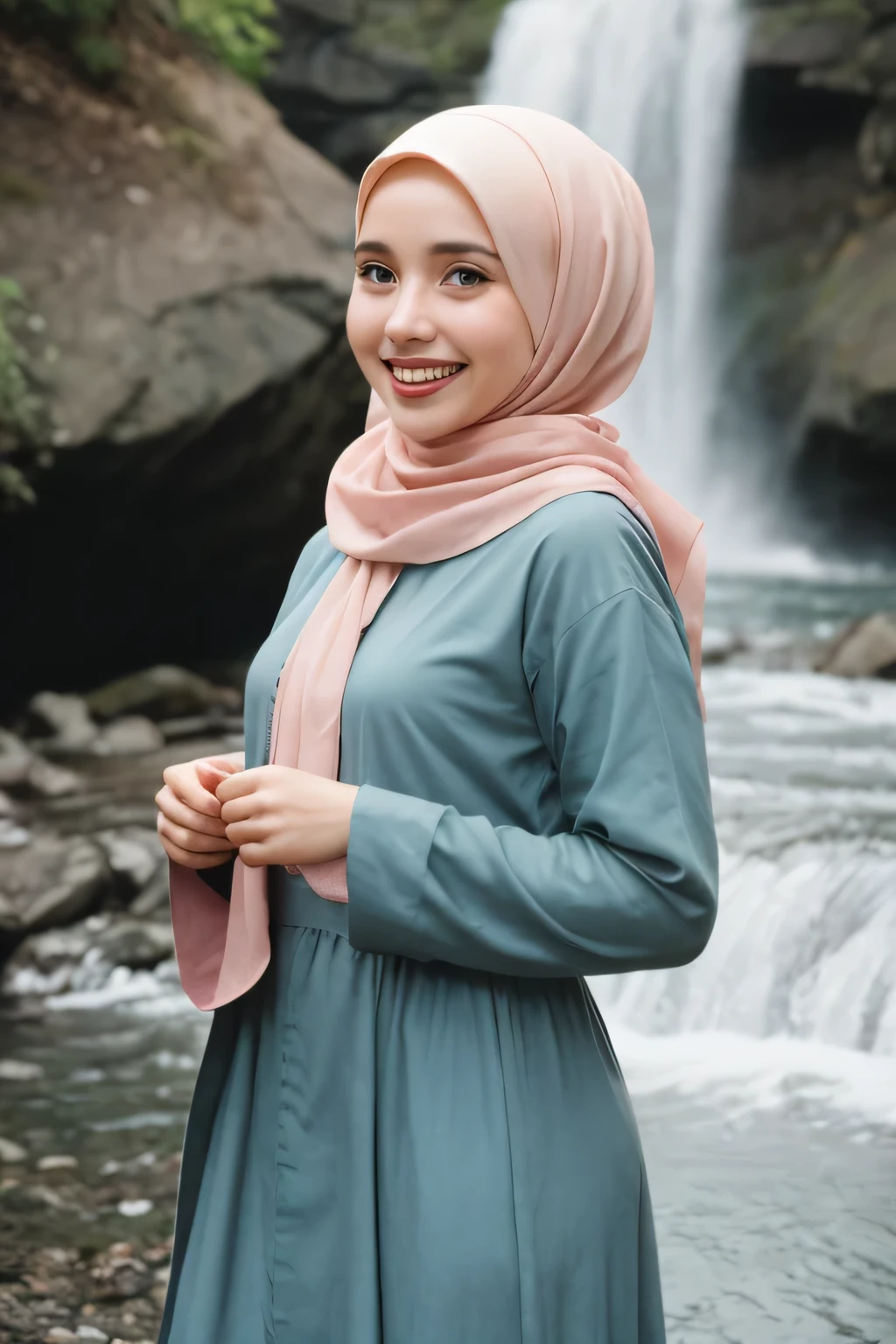 analog film photo solo, gstyle, realistic, ((woman)), (((hijab))), (((grin512:1.1))), ((Long sleeves abaya, moslem dress)), ((waterfall, misty spray, rocky cascades, natural beauty)), ((dynamic pose)), PA7_Human-Likeness, PA7_Photo, high detailed, 8k, clear facial features, pastel themed colorgrade, in style of wes anderson, rainych  . faded film, desaturated, 35mm photo, grainy, vignette, vintage, Kodachrome, Lomography, stained, highly detailed, found footage