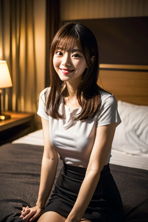 (8k, RAW photo, best quality, perfect anatomy, masterpiece:1.2), (realistic, photo-realistic:1.4), (extremely detailed 8k wallpaper), sharp focus, professional lighting, depth of field, cinematic lighting, 25 years old Beautiful and cute japanese actress, smile, Blouse, A-line Skirt, Sitting on bed at hotel