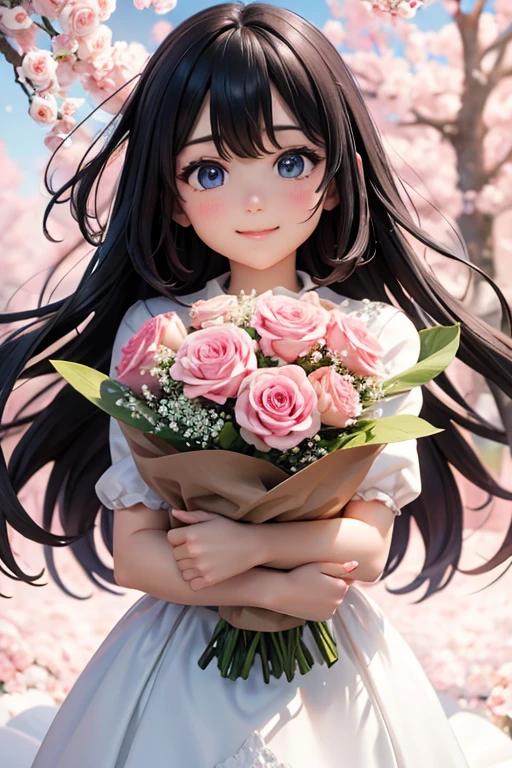 handsome man、A man with a certain innocence、facing forward、A bouquet of pink roses sprinkled with baby's breath、Big beautiful bouquet、Present the bouquet to the viewer with both hands、Blue sky、blue sea、looking at the viewer、smiling face
