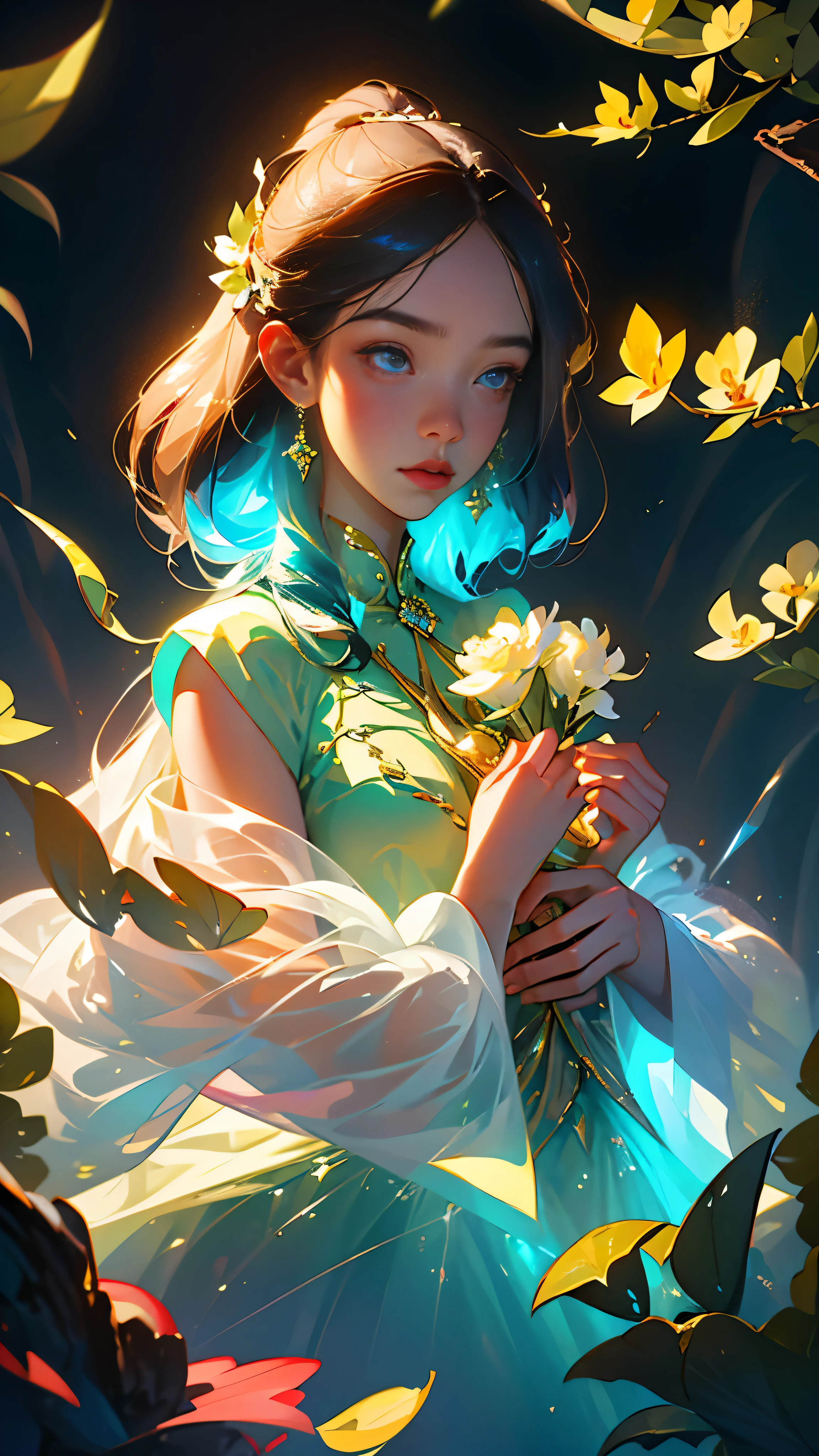 (Masterpiece, Best quality) There is a mesmerizing portrait of a young girl with flowing golden locks, dressed in a stunning red and white gown, delicately holding a bouquet of vibrant flowers. Her beauty is enhanced by her flawless face, exuding a cool and enchanting vibe. The intricate details of her eyes are carefully captured, drawing you into their depths. The ethereal scene is adorned with glowing glyphs, rendered in graphite and accented with touches of shimmering gold. Each petal and leaf is meticulously depicted, showcasing the unique textures and patterns found in nature. A soft, glowing aura envelops the girl, emanating a sense of magic and fantasy. Rainbow crystals sparkle in the air around her, as if caught in a storm
