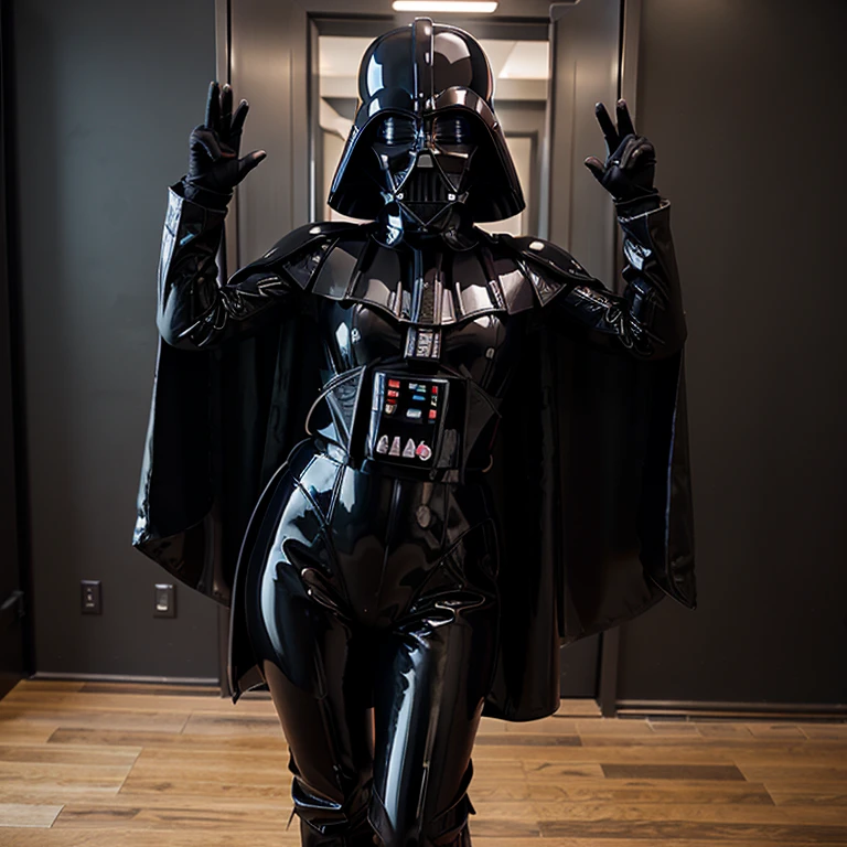 teen girl . Latex catsuit with cape and gloves. wearing darth vader mask.  and vagina exposed 