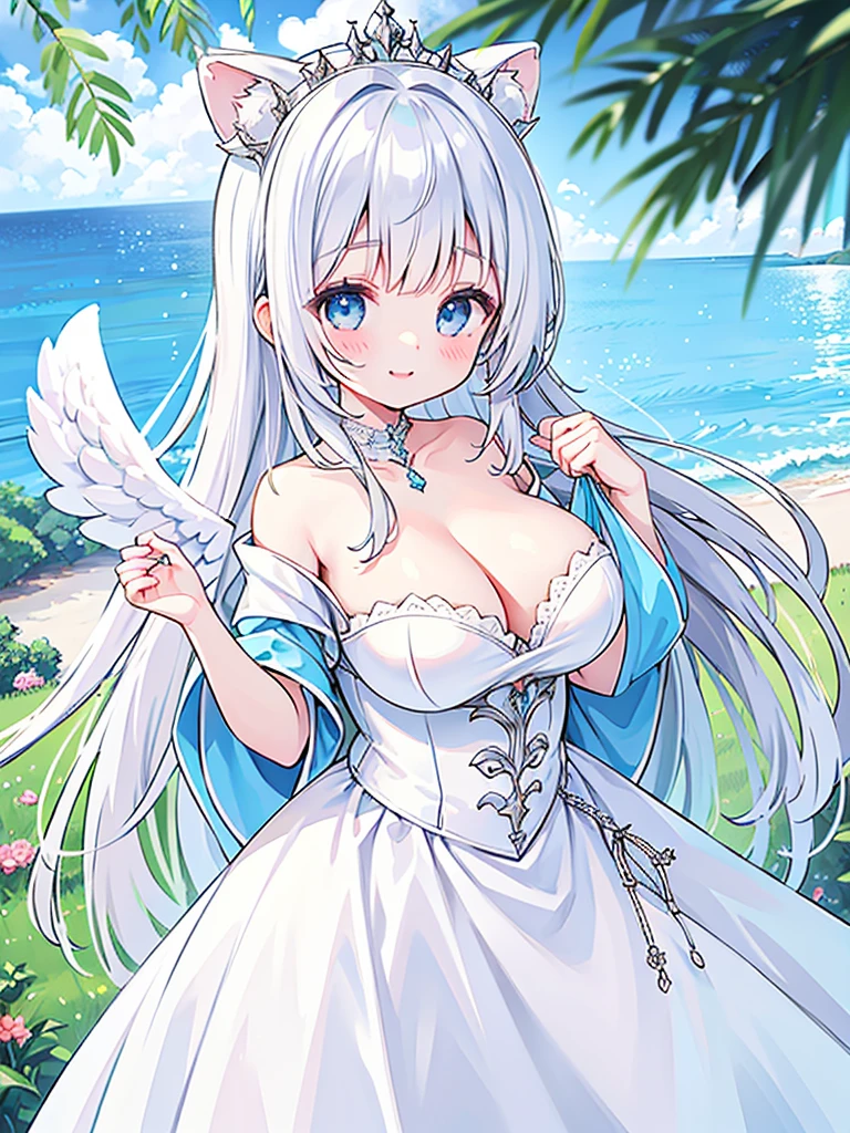 girl、silver hair、blue eyes、smile、White princess dress、off shoulder、join hands、Angel's wing、big breasts
