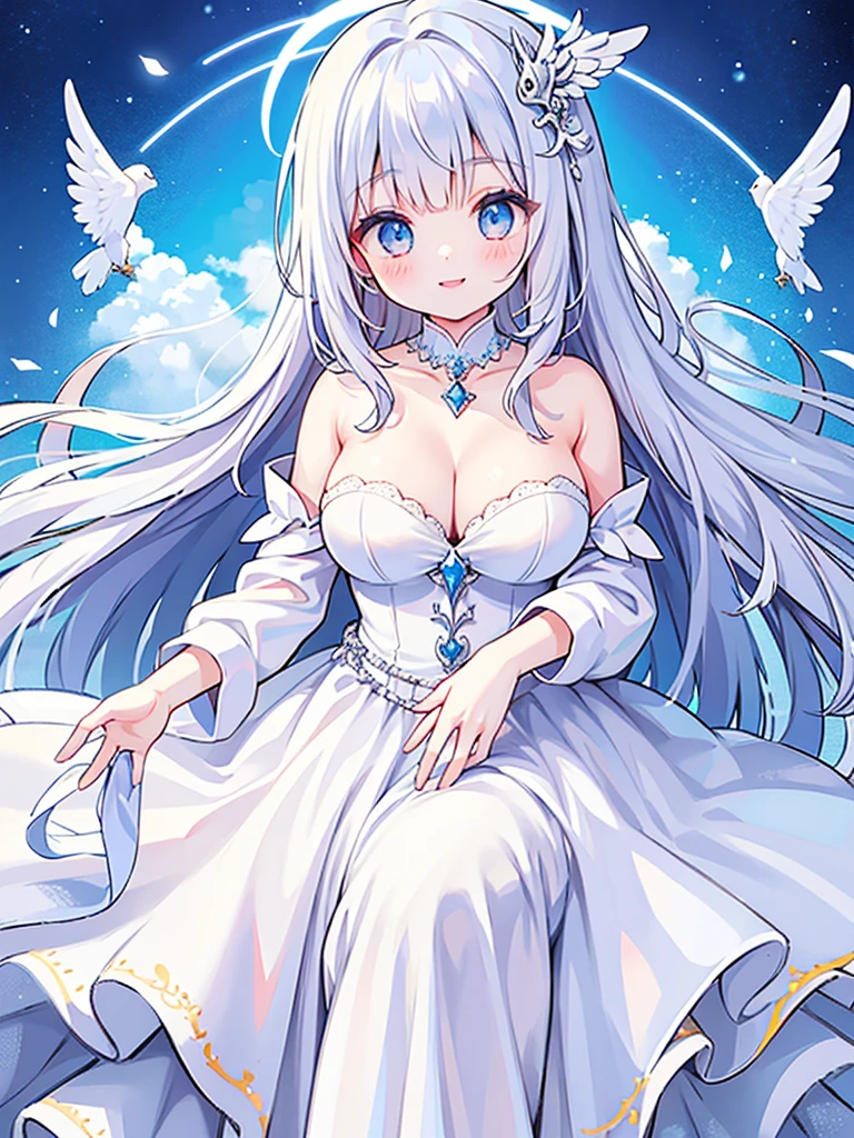 girl、silver hair、blue eyes、smile、White princess dress、off shoulder、join hands、Angel&#39;s wing、big breasts