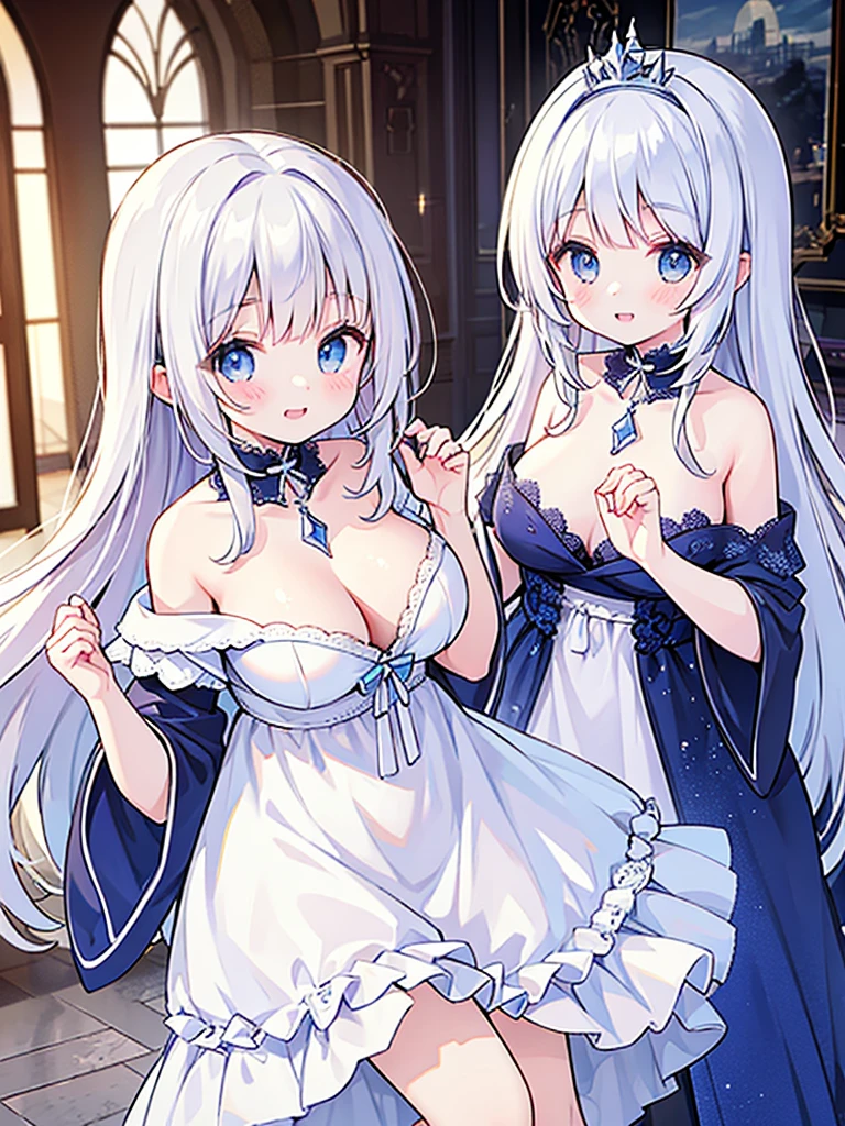 masterpiece、top quality,2 women、One is a very short girl、One is a tall woman、 、They both have gray hair.、Very Very Longhane Details、a little smile、cute、sparkling eyes、a little smile、bright white lights、The height difference between the two is significant.,nipple,No panties,leaking semen,Adult products