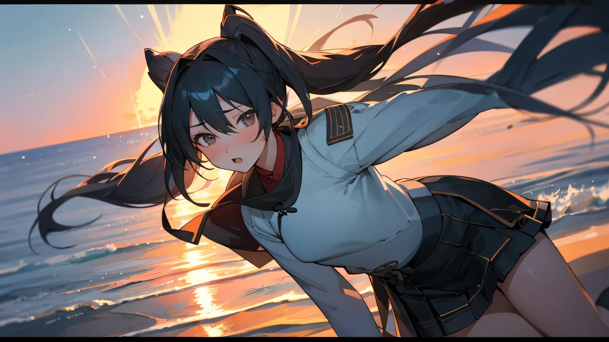 masterpiece, highest quality, Fu Tao V4, 1 girl, alone, blush, twin tails, long hair, hair between eyes, evening、beach、Ocean, movie poster, Highly detailed 8K, Smooth, High resolution, super high quality, cinematic lighting, ambient occlusion, hd, 2k, 4k, 8K, 16k, very detailed anime, detailed face, perfect composition, wide shot, atmosphere lighting, very sexy, lift skirt, random waist angle, No correction, NSFW, No correction