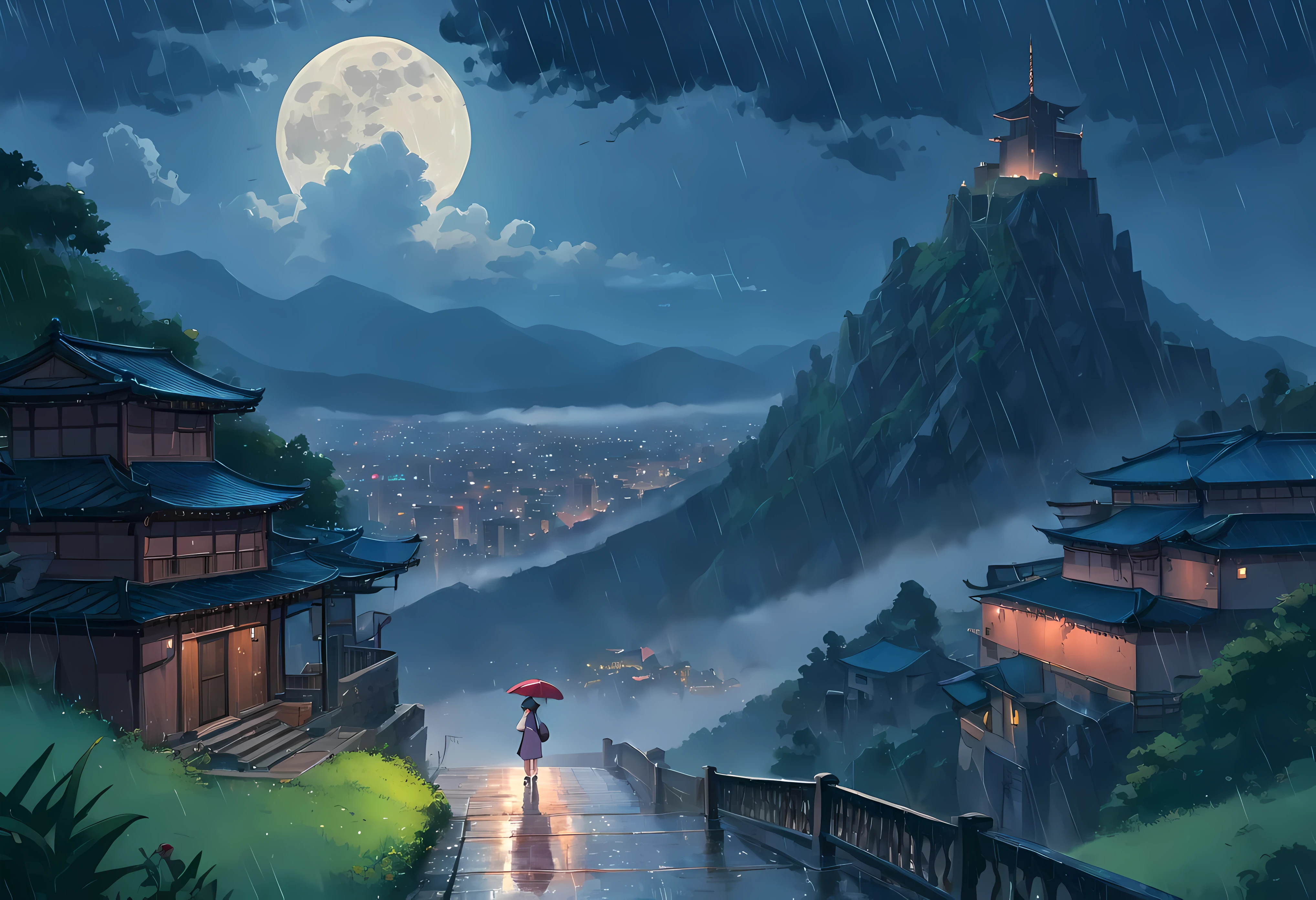 (masterpiece, detailed, highres, mountainous background, rain, heavily cloudy, nighttime, moon:1.3), (sad atmosphere, haze, depressing:1.4), ancient ruins, ruins in side of mountain, large buildings, large staircases, landscape:1.7)