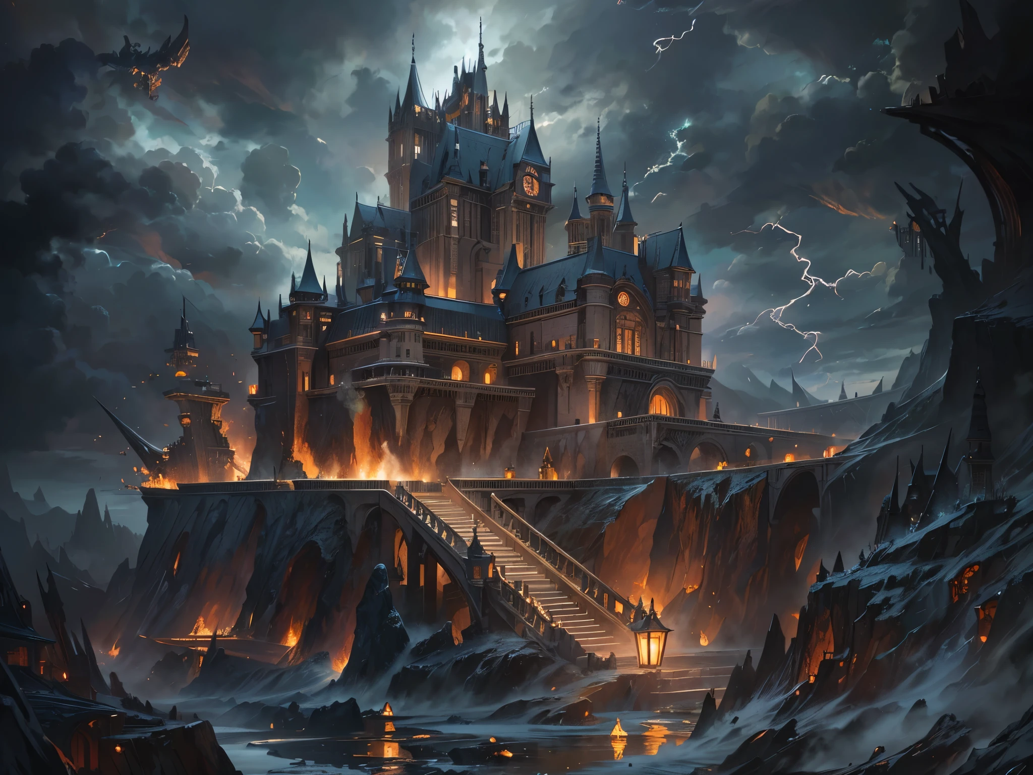 ((highest quality)),(ultra high resolution),(Super detailed),(detailed description),((best CG)),(best work of art),super precision art,amazing drawing art,(Fantasy art with intricate detail:1.5), Lightning cuts through the darkness, burns the wind, and shatters the castle walls.