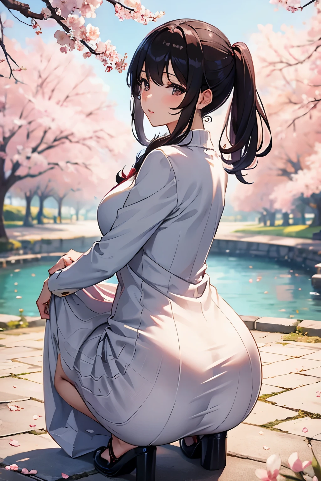 Cherry blossom viewing　beautiful mature woman、squat、big ass、knit dress