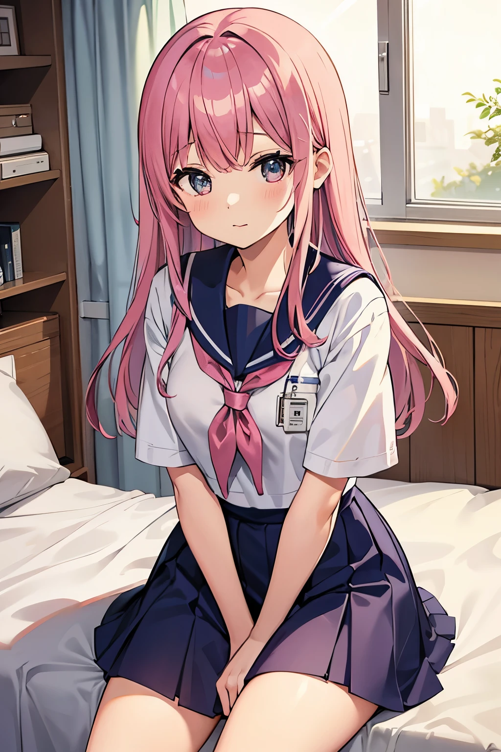 A pink-haired high school girl in a sailor uniform in the nurse's office、I am taking a rest due to feeling unwell due to the change of seasons.