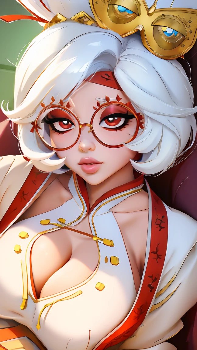 ((masterpiece)), ((best quality)), (detailed), perfect, solo, purah, gorgeous woman with cleavage, luscious lips, white hair, sexy, lying down,