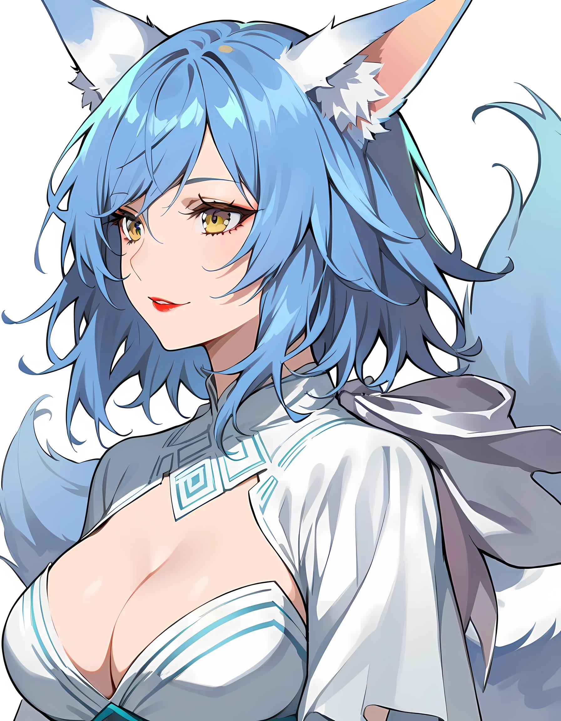 (best quality,highres),1girl,cleavage,gown,scarf,neil,red lips,solitary,upper body,blue hair,white fox ears,white fox tail,nine tails