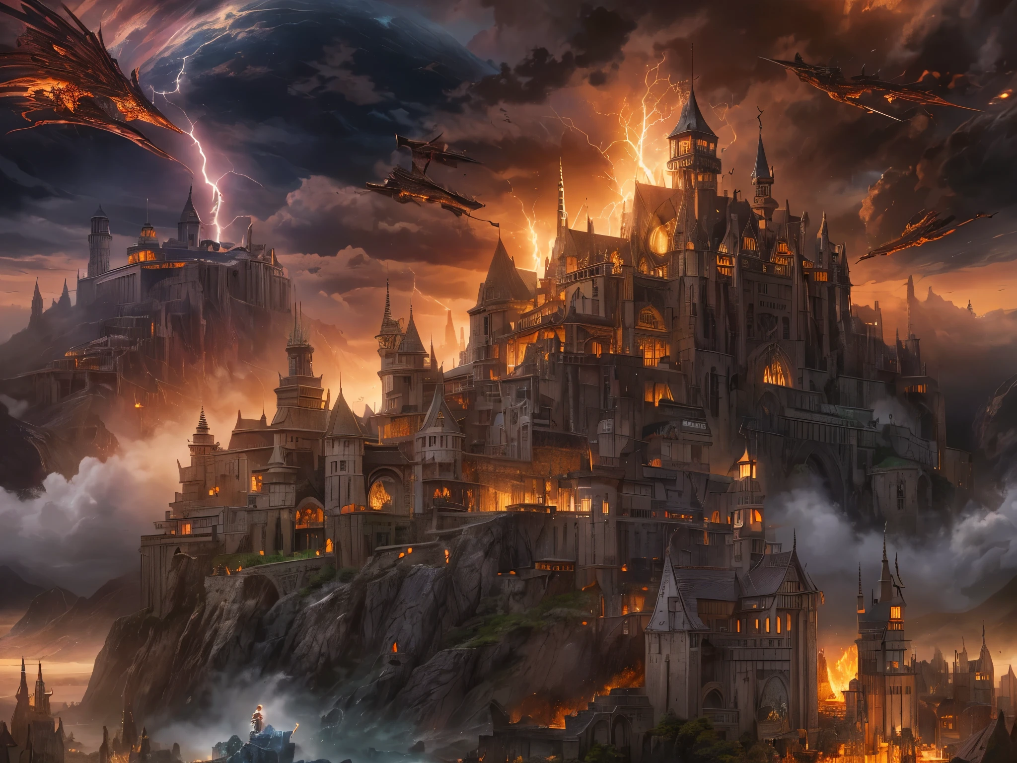 ((highest quality)),(ultra high resolution),(Super detailed),(detailed description),((best CG)),(best work of art),super precision art,amazing drawing art,(Fantasy art with intricate detail:1.5), Lightning cuts through the darkness, burns the wind, and shatters the castle walls.