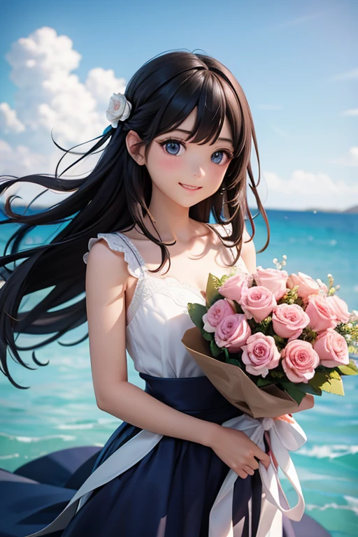 boy、facing forward、A bouquet of pink roses sprinkled with baby&#39;s breath、Big beautiful bouquet、Present the bouquet to the viewer with both hands、Blue sky、blue sea、looking at the viewer、smiling face
