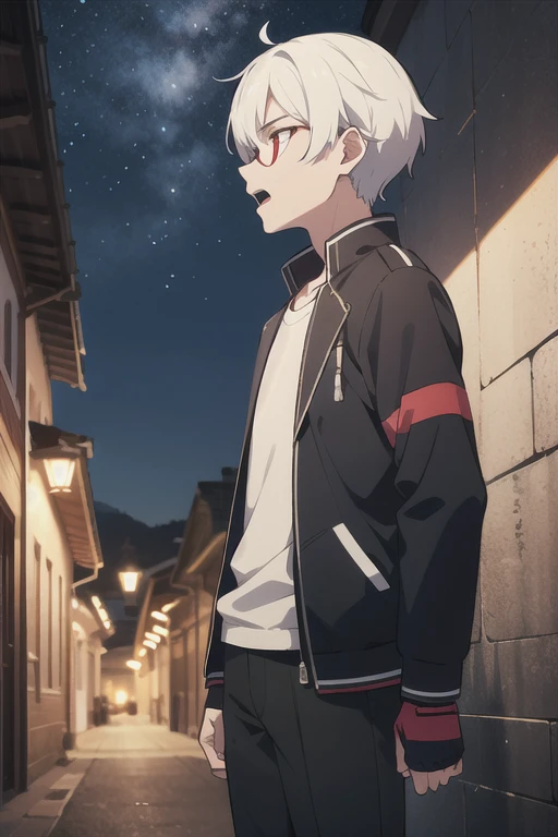 (absurdres:1.1, highres:1.1, ultra detailed:1.1),
insanely detailed, absurdres,
(high resolution:1.1, ray tracing:1.1, refraction:1.1)
(1boy, solo:1.3),  
nice hands, perfect hands, 
white hair, short hair, red eyes, (tsurime:1.1), 
jacket, open jacket, white shirt, 
black pants, fingerless gloves, :o,
sigh, 
BREAK
standing, profile, looking up,
open mouth, (shaded face:1.3), 
leaning on object, upper body, 
BREAK
magnificent view, sense of depth, depth of field, (panorama view),
alley, night, night sky, 
BREAK