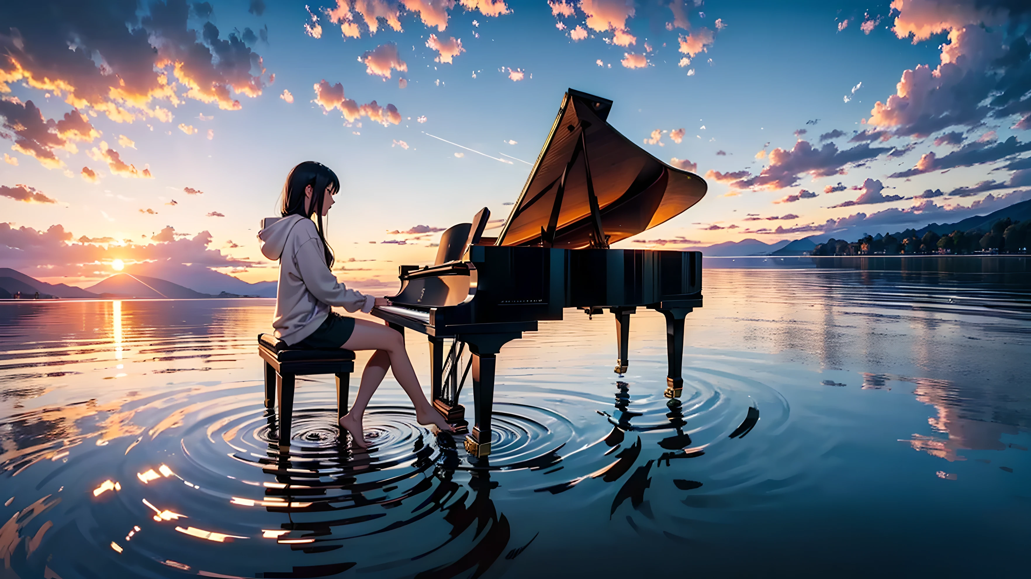 No music score, bare feet ((sunset)) one grand piano, ((ripples on water)) one female pianist, ((great nature)) ((middle of lake)) high quality ((high angle)) ((long shot)), clear sky, piano, cool woman wearing white hoodie, long black hair, playing grand piano, piano on water,