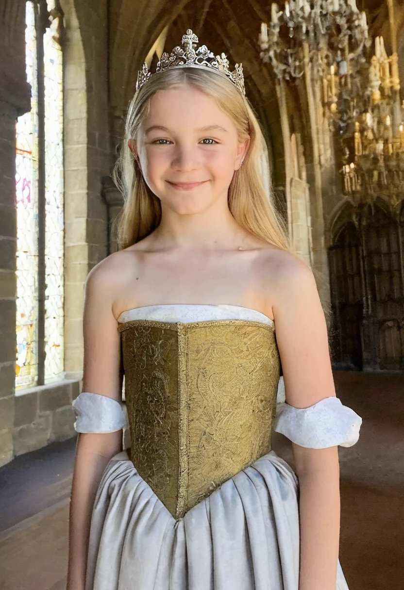 Phone photo, natural look of 5th grade girl, wearing (medieval strapless french dress:1.3) , strapless, (arms behind head:1.3), armpits, natural light, movie still, film still, vivid eyes, light blonde hair, arms up, sweaty, at castle main hall, posted at snapchat in 2019