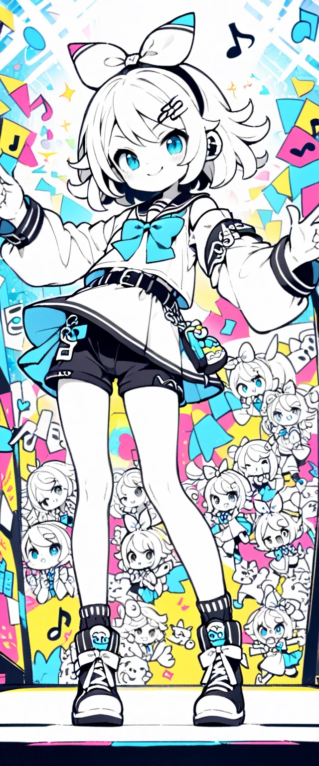 (lineart:2.0),(monochrome:2.0),(white and black),#quality(8k,wallpaper of extremely detailed CG unit, ​masterpiece,hight resolution,top-quality,top-quality real texture skin,hyper realisitic,increase the resolution,RAW photos,best qualtiy,highly detailed,the wallpaper),solo,KAGAMINE RIN\(vocaloid\),#1 girl(cute,cute,small ,Kagamine rin,blond hair, short hair, Tattoo of numbers, white bow,sleeveless white shirt,black arm bell sleeves,arm sleeves are bell sleeves:1.2, belt, sailor collar, white headphones,black shorts,black leg warmers,open shoulder, very cute pose,korean idol pose,messy hair,big eyes,full body:1.6,smirk,dynamic angle),#background(many colorful Music notes ,at stage,vivid color spotlights,colorful),rin is so so cute,draw human hands very correctly
