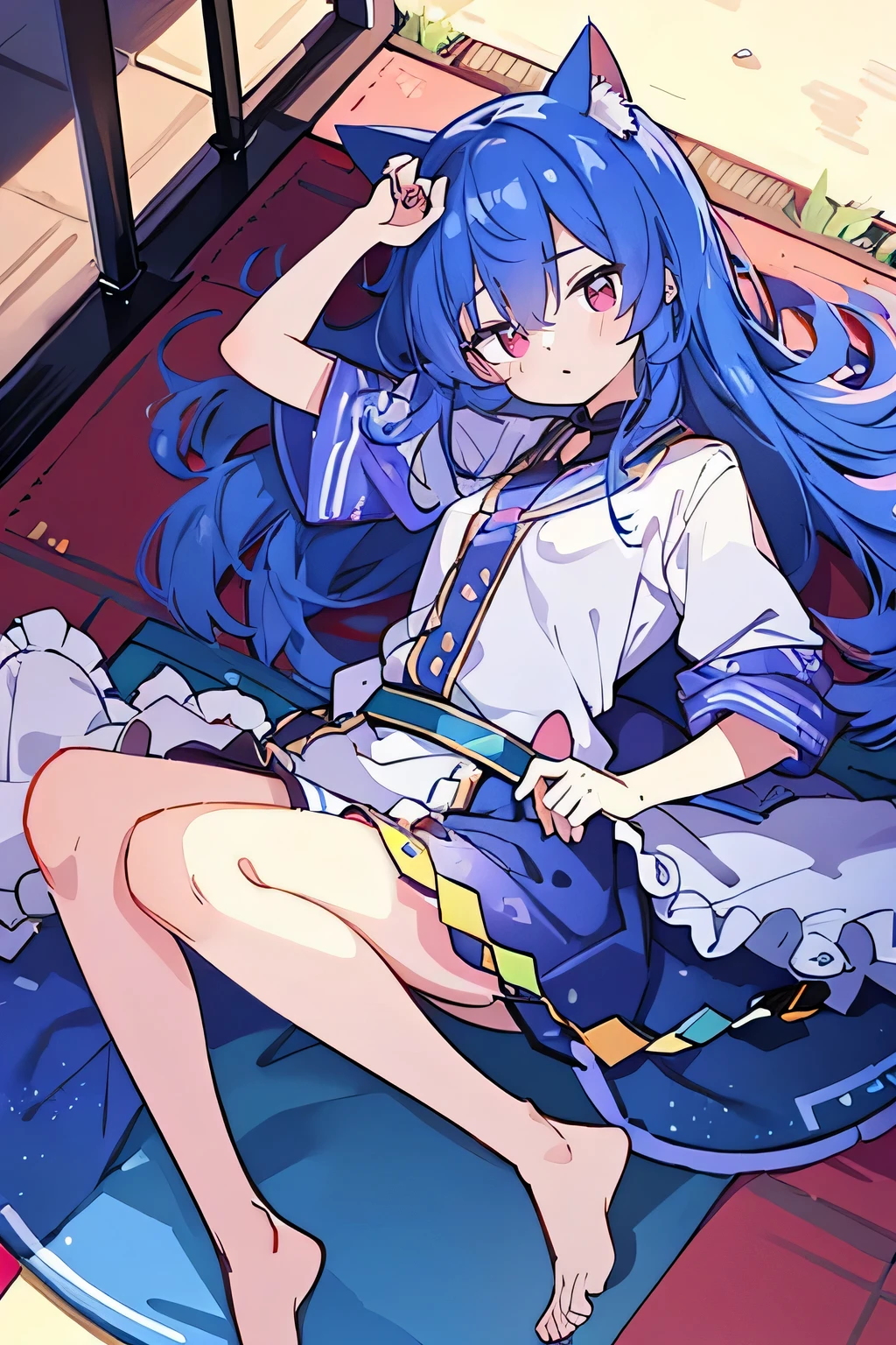 (Masterpiece), best quality, expressive eyes, perfect face, 1girl,
Put one hand on the head, fair skin, gorgeous, Japanese comics, girl, Lola, young angel, blue hair, blue hair, flowing clothes,, lay down, lying on the ground, legs on the ground, flat chest, cat ears,