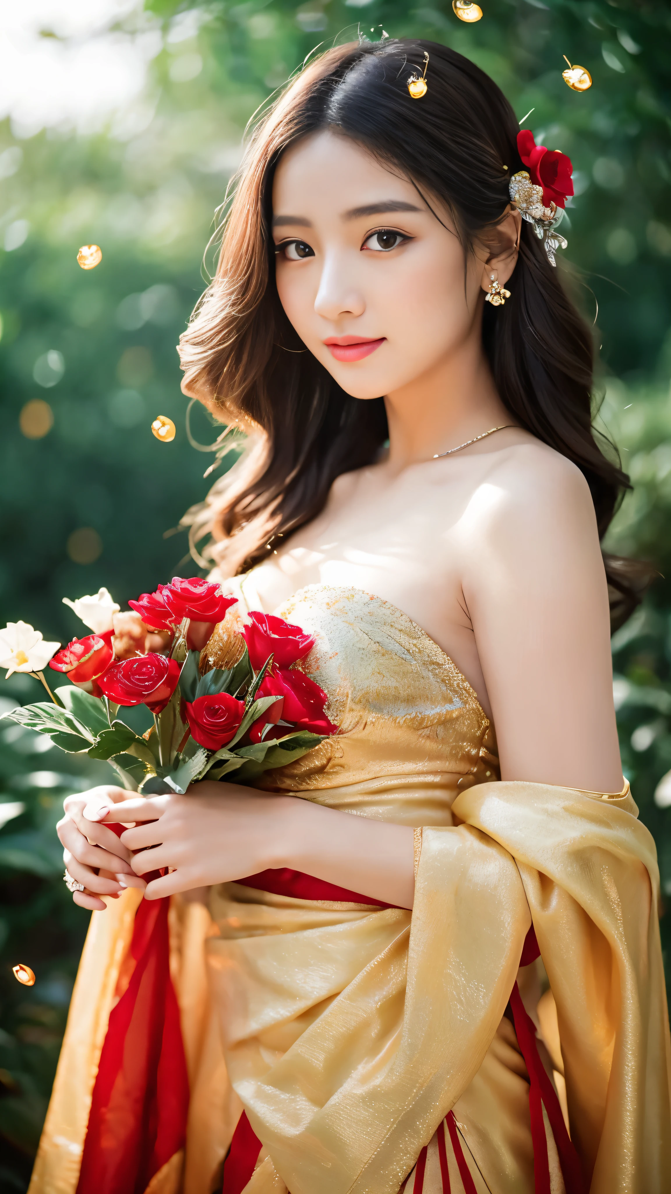 (masterpiece、highest quality)There、Delicately holding a vibrant bouquet、Dressed in a stunning red and white gown、There is a captivating portrait of a girl with flowing golden hair。her beauty is、She exudes a cool and seductive vibe, enhanced by her flawless face.。The intricate details of her eyes are carefully captured.、I am drawn into its depths。The sight is out of this world、Decorated with glowing glyphs in graphite、Accented with touches of shimmering gold。Each petal and leaf is meticulously painted.、Introducing the unique textures and patterns found in nature。A soft aura enveloped the girl.、It exudes a sense of magic and fantasy.。Rainbow crystals caught in a storm、Sparkling in the air around her