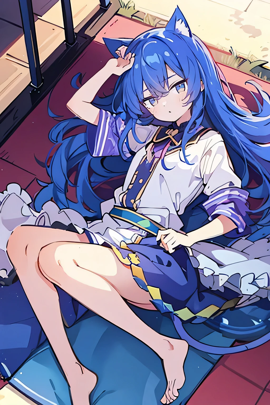 (Masterpiece), best quality, expressive eyes, perfect face, 1girl,
 Put one hand on the head, fair skin, gorgeous, Japanese comics, girl, Lola, young angel, blue hair, blue hair, flowing clothes,, lay down, lying on the ground, legs on the ground, flat chest, cat ears,