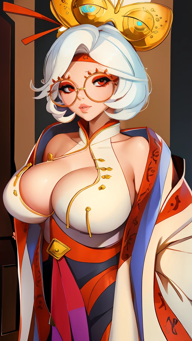 ((masterpiece)), ((best quality)), (detailed), perfect, solo, purah, gorgeous woman with cleavage, luscious lips, white hair, sexy,