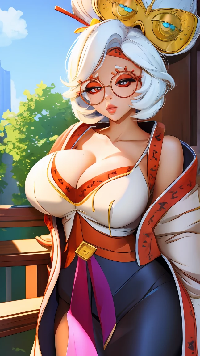 ((masterpiece)), ((best quality)), (detailed), perfect, solo, purah, gorgeous woman with cleavage, luscious lips, white hair, sexy,