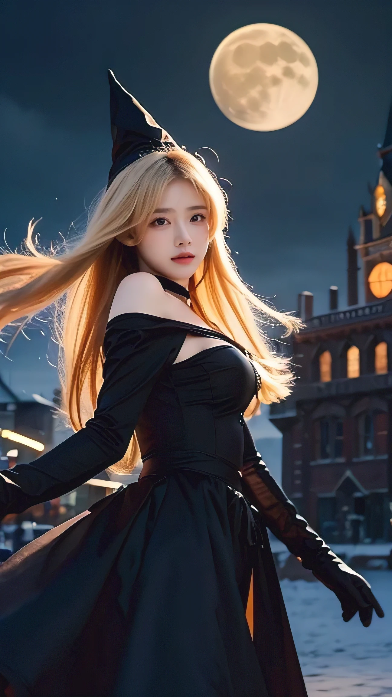 Attractive Russian model Nata Lee, bright blonde hair, wearing a witch's hat, Female witch, (orange,)full dress, (open your mouth,Show vampire fangs,(fangs:1.2),(teeth:1.1) Vampire mouth),Sharp teeth,(Vampire skin is super white and smooth)、(In the background is a classic western castle,Stone castle,High bell tower,Square high-rise clock tower,big moon,full moon,Stars surrounded by clouds are rare,)On the back is spread a pair of pitch-black wings,Bat,Soft and cold,((Vampire teeth are surprisingly white,show your fangs,Lick your own lips)),A picture of Alaved posing for a photoshoot,His eyes burn like a scorching flame,Emits a terrifying red light。Around his body,It is full of mysterious and deadly energy.。 sailor moon. beautiful, anime goddess, real anime girl,anime cosplay, scholar, anime figures; Full-body art, seductive anime girl,
