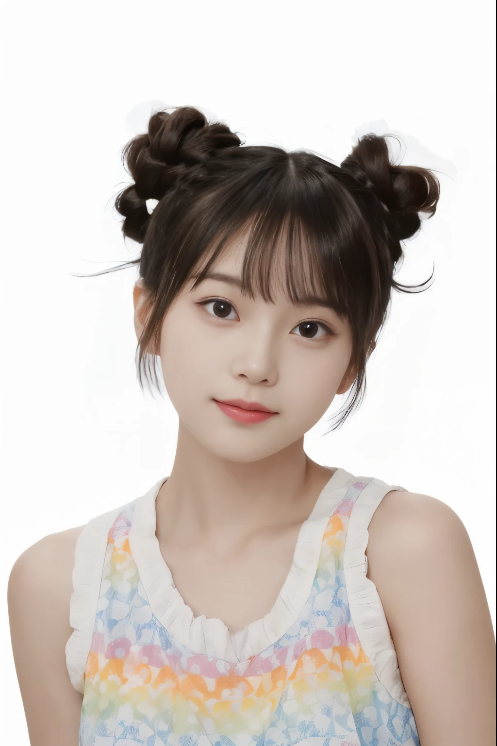 There is a young girl with pigtails，Wearing a colorful top, Double tail hairstyle, Braided hairstyle, 粉色Double tail头发和青色眼睛, two Braided hairstyle, Kawaii hairstyle, short braid hair, Chiho, colorful braids, Fluffy bangs, kawaii realistic portrait, Kawaii hairstyle, Double tail, Hair with bangs, yanjun chengt