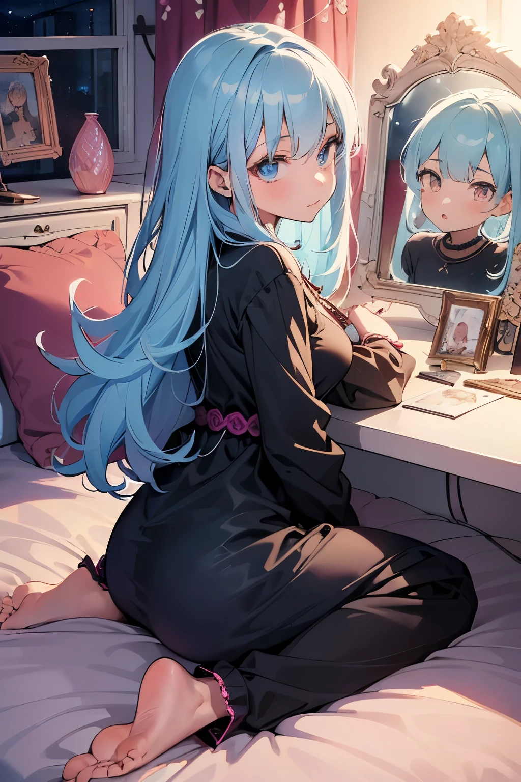 1 girl, , UHD, retina, masterpiece, Accurate, anatomically correct, rough skin, Super detailed, advanced details, high quality, Award history, 最high quality, High resolution, hd, 4k,(anime,8K,masterpiece, 最high quality, 最high quality,beautiful and aesthetic:1.2,professional illustration:1.1,Super detailed:1.3,perfect lighting),very detailed,most detailed,High resolution,cute pose，embarrassing，light blue hair，(cute room:1.9)，pink wallpaper，stuffed toy，(bed:1.5)，(indoor),(Cute girl&#39;s room:1.4),(modern and sophisticated furniture:1.2),(plush velvet chair and ottoman:1.4),(elegant curtains and window treatments:1.2),(Designer clothing:1.4),(Instagrammable fashion photo corner:1.2),(unique framed statement mirror:1.4),
(fashion runway style rug:1.2),(A customized closet filled with trendy clothes:1.2),(gorgeous dressing table:1.2),(fashion magazine:1.2),
(cute decoration:1.4),(chic lighting fixtures:1.4),(cozy and stylish bedding:1.4),(vanity table:1.4),(Specialized area for fashion accessories:1.3),(high end accessories:1.2),(fashion sketch and design book:1.2),(Plenty of storage for shoes and accessories:1.2), (wariza:1.5)，(barefoot:1.5)，black pajamas，(night:1.9)