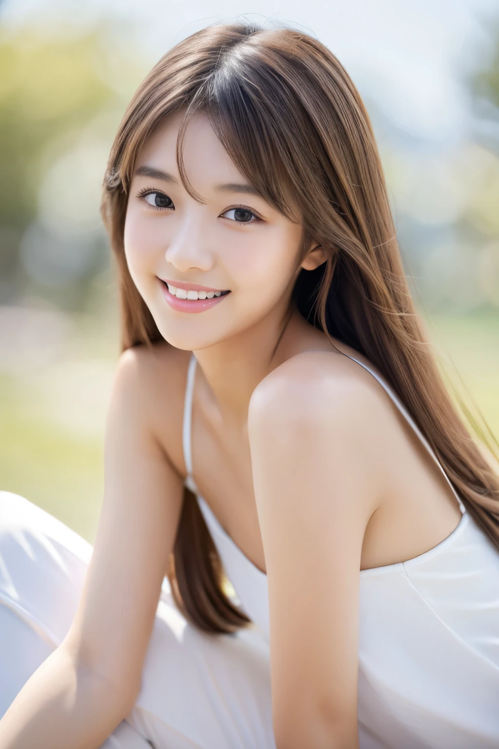 Young japanese lady, 30s, White background, It features a simple background, white-brown hair, slender, 4K, in 8K, High quality, Beauty, Beautiful eyes, It features a simple, High resolution,1 person,Beautiful skins,Beautiful skin,a smile,Relaxing,Operating a smartphone