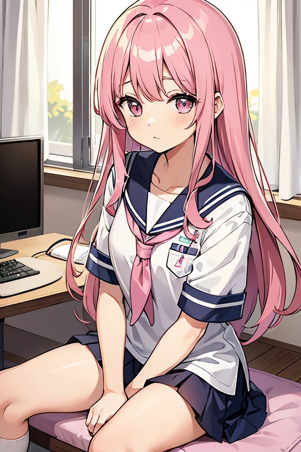 A pink-haired high school girl in a sailor uniform in the nurse&#39;s office、I am taking a rest due to feeling unwell due to the change of seasons.