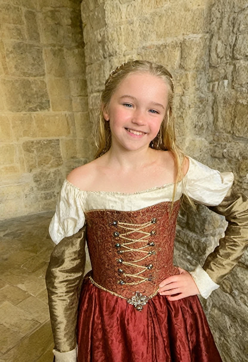 Phone photo, natural look of 5th grade girl, wearing (medieval strapless french dress:1.3) , strapless, (arms behind head:1.3), armpits, natural light, movie still, film still, vivid eyes, light blonde hair, arms up, sweaty, at castle main hall, posted at snapchat in 2019, sweaty