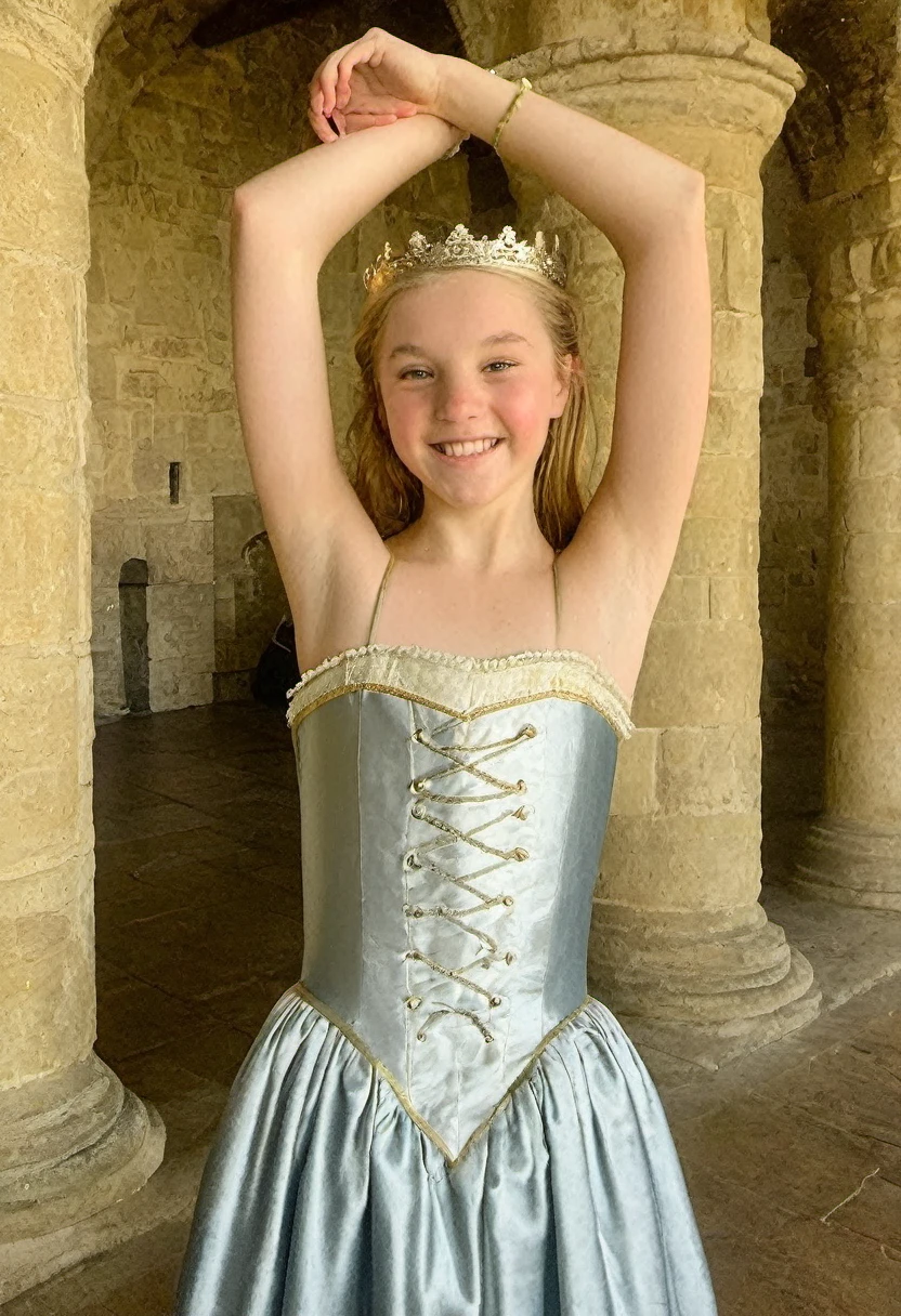 Phone photo, natural look of  girl, wearing (medieval strapless french dress:1.3) , strapless, (arms behind head:1.3), armpits, natural light, movie still, film still, vivid eyes, light blonde hair, arms up, sweaty, at castle main hall, posted at snapchat in 2019, sweaty