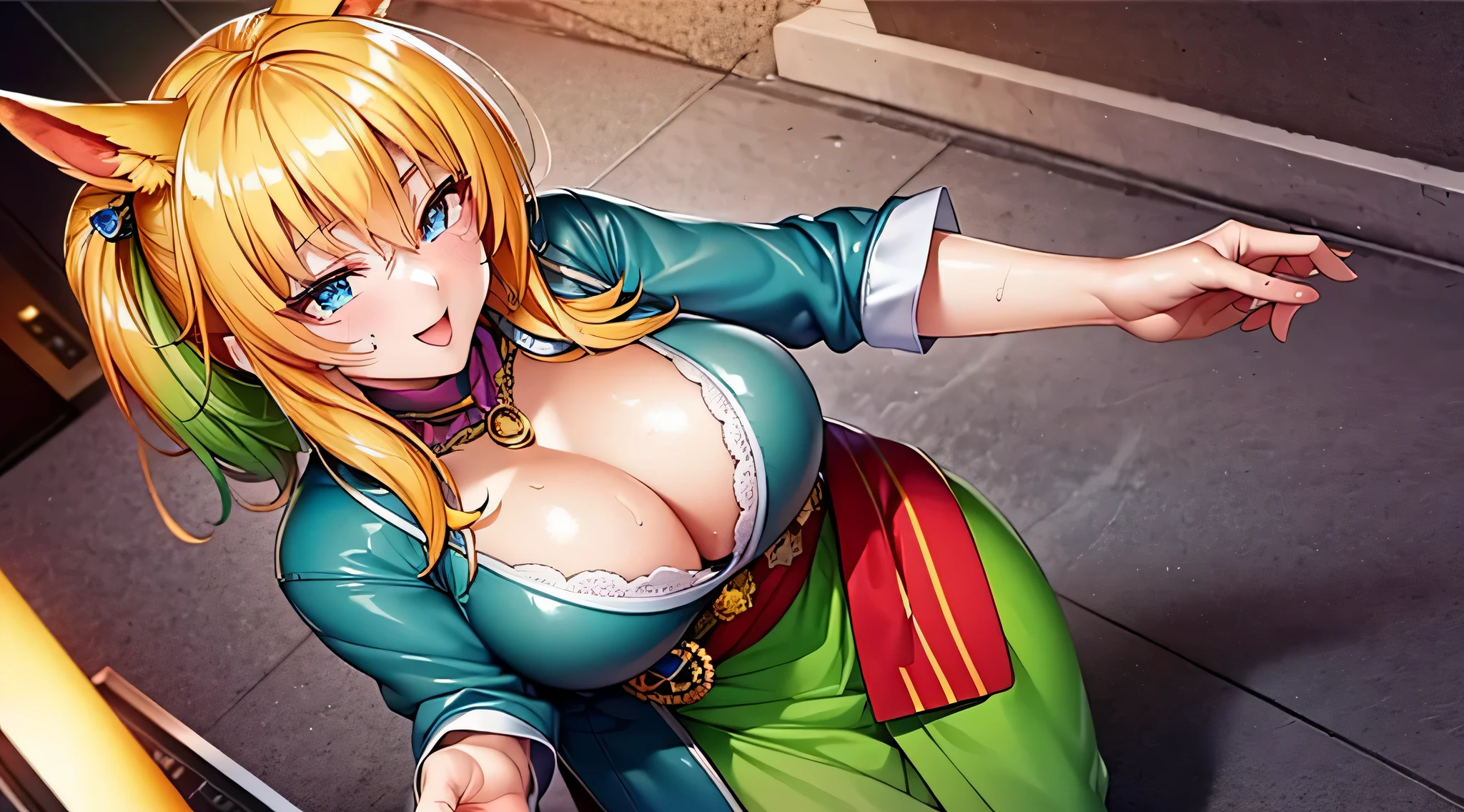masterpiece、highest quality、1girl , solo , huge breasts、deep cleavage、light green hair、ponytail、fox ears、brightly colored eyes、blue eyes、black glasses、green kimono、light purple long hakama、brown leather jacket、leather boots、flashy necklace、charm、Wet、face turns red, very sweaty, dynamic pose、standing、ryokan