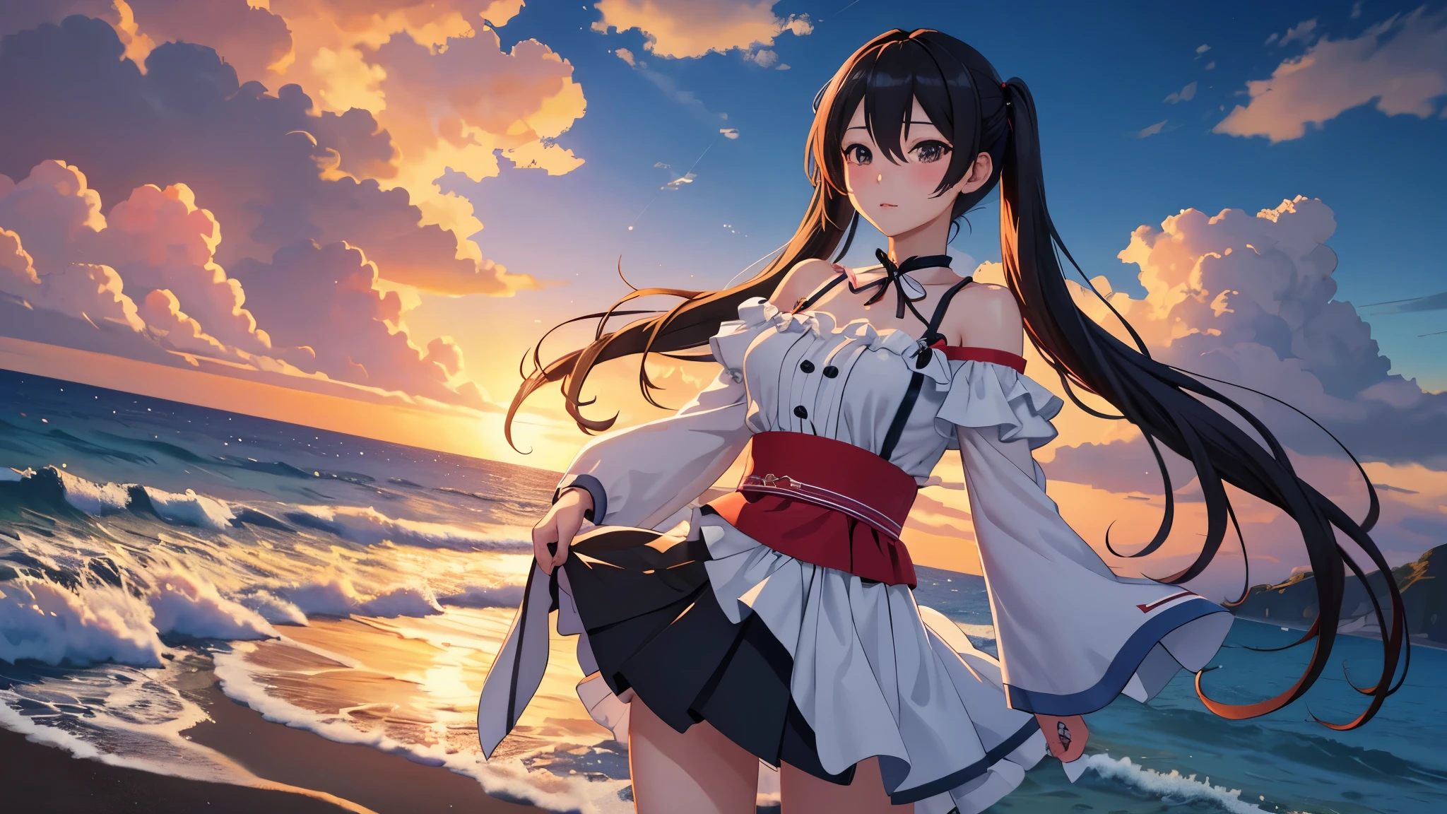 masterpiece, highest quality, Fu Tao V4, 1 girl, alone, blush, twin tails, long hair, hair between eyes, evening、beach、Ocean, movie poster, Highly detailed 8K, Smooth, High resolution, super high quality, cinematic lighting, ambient occlusion, hd, 2k, 4k, 8K, 16k, very detailed anime, detailed face, perfect composition, wide shot, atmosphere lighting, very sexy, lift skirt, random waist angle, 