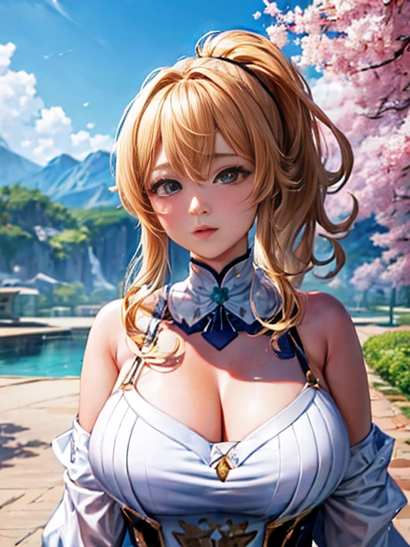 (masterpiece, highest quality, Super detailed, 超High resolution, realistic, 8K, highest quality, masterpiece, best image quality, Super detailed, 超High resolution, realistic描写, anime, comics, masterpiece, highest quality, High resolution), (((1 girl)))、((huge saggy breasts)),((golden hair))、((long hair))、((ponytail))、((White tight wear))、((Jean))、((genshin impact))