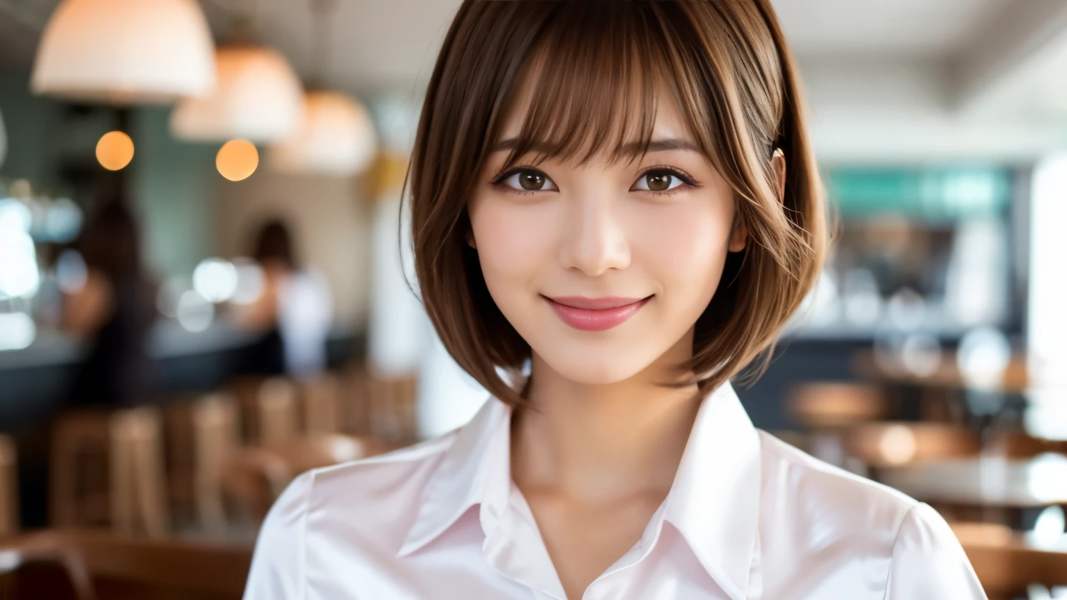 product quality, upper body shot, Front view, Inside a stylish cafe, 1 girl, young beautiful japanese woman, short bob hair, hyper pretty face, glamorous, I wear a satin silk white shirt with short sleeves and long sleeves with a collar, With a big smile in the cafe, glossy lips, double eyelids of both eyes, natural makeup, long eyelashes, shiny smooth light brown hair, asymmetrical bangs, sunburned skin, center image, High resolution, high detail, detailed hairstyle, detailed face, movie lighting, surreal, perfect body,