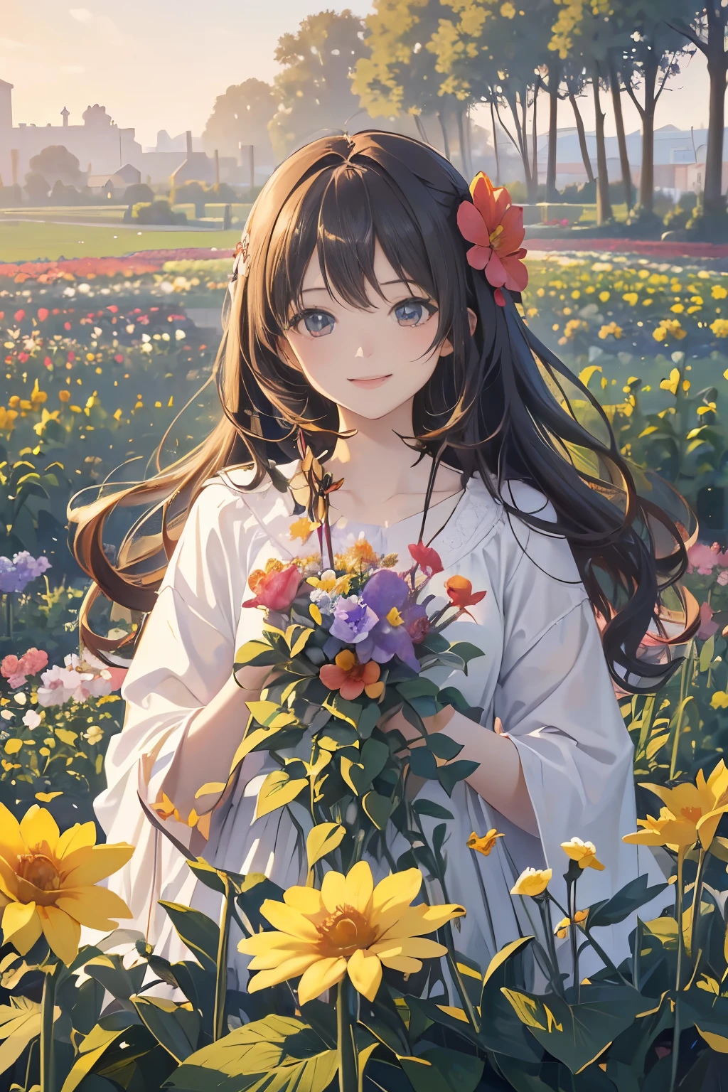 (((masterpiece)))、(((top-quality)))、((ultra-detailliert))、(illustratio)、((extremely delicate and beautiful))、Bright smile、floating、(Detailed light) (1girl in)、、solo、The long-haired、The wind is blowing、A WORLD、(cute eye)absurderes, hight resolution, (Official art, Beautiful and aesthetic:1.2), (Close View:1.2), Front composition,
1girl in, (Long hair:1.2), Wavy Hair, Smile,
(Everywhere in the flower garden:1.6), (Flower Effects:1.2), (Floral background:1.2), (Background filled with flowers:1.4), (Fancy backgrounds:1.1),