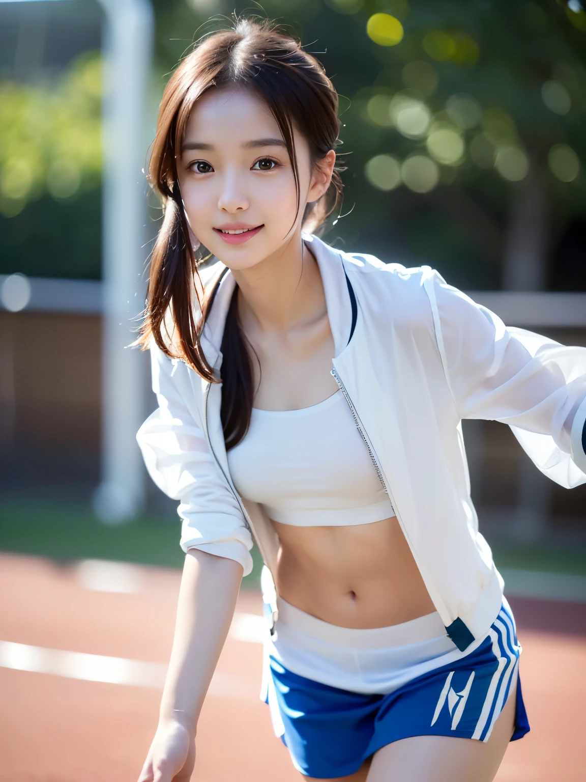 best quality, realistic, Wallpaper CG with excellent details Unity 8,000, depth of field, cinematic light, lens flare, ray tracing, ((an exceptionally beautiful face, beautiful nose, beautiful lips, beautiful eyes)), ((Face with fine details)), ((Very transparent and natural skin)), ((asian young woman)), ((small smile:1.3), (blurred background), (bright lights), (There are no people in the background:1.3), ((clear eyes)), ((front pose)), ((pale skinned)), ((look at me)), ((full body shot)), ((light brown hair)), ((A thin waist)), ((natural arm movements)), ((Fine-grained fingers)), ((precise fingers)), ((white crop top)), ((very short and tight white jacket)), ((short white skirt))、((small ass))、((Long limbs))、((Full-body depiction))、((stand))、((Full-body depiction))、((thin thighs))、((forward walking posture)), ((on the soccer field))