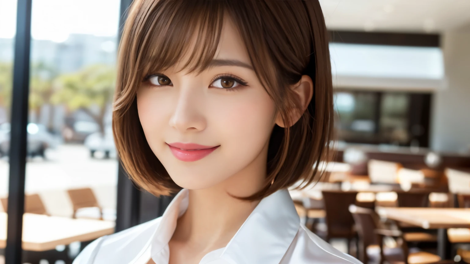 product quality, upper body shot, Front view, Inside a stylish cafe, 1 girl, young beautiful japanese woman, short bob hair, hyper pretty face, glamorous, I wear a satin silk white shirt with short sleeves and long sleeves with a collar, With a big smile in the cafe, glossy lips, double eyelids of both eyes, natural makeup, long eyelashes, shiny smooth light brown hair, asymmetrical bangs, sunburned skin, center image, High resolution, high detail, detailed hairstyle, detailed face, movie lighting, surreal, perfect body,