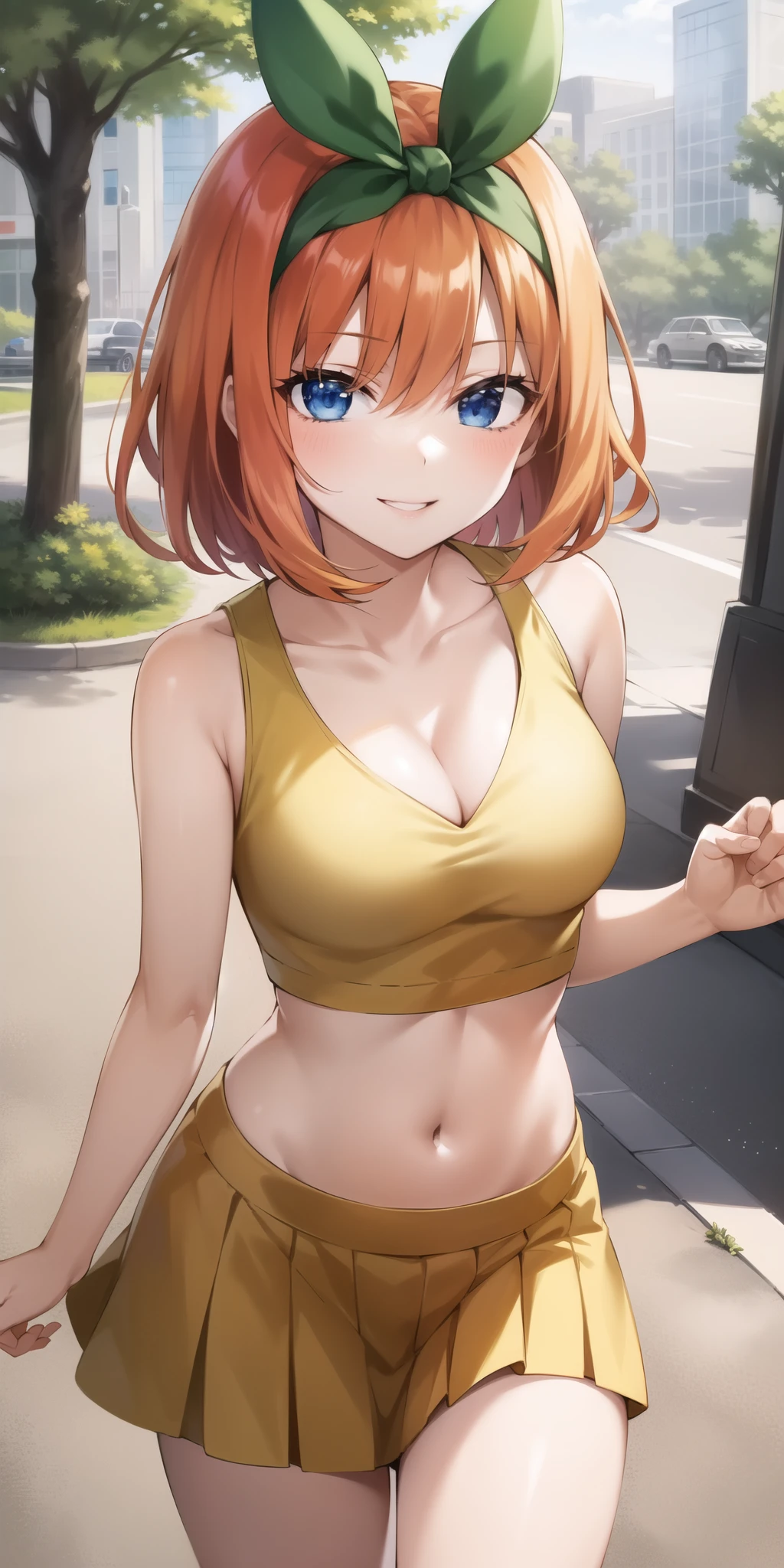 2D, masterpiece, highest quality, anime, very detailed, 1 girl, alone, cowboy shot, Nakano Yotsuba, orange hair, hair ribbon, crop top, cleavage , mini skirt, medium breasts, Are standing, , outdoor, smile