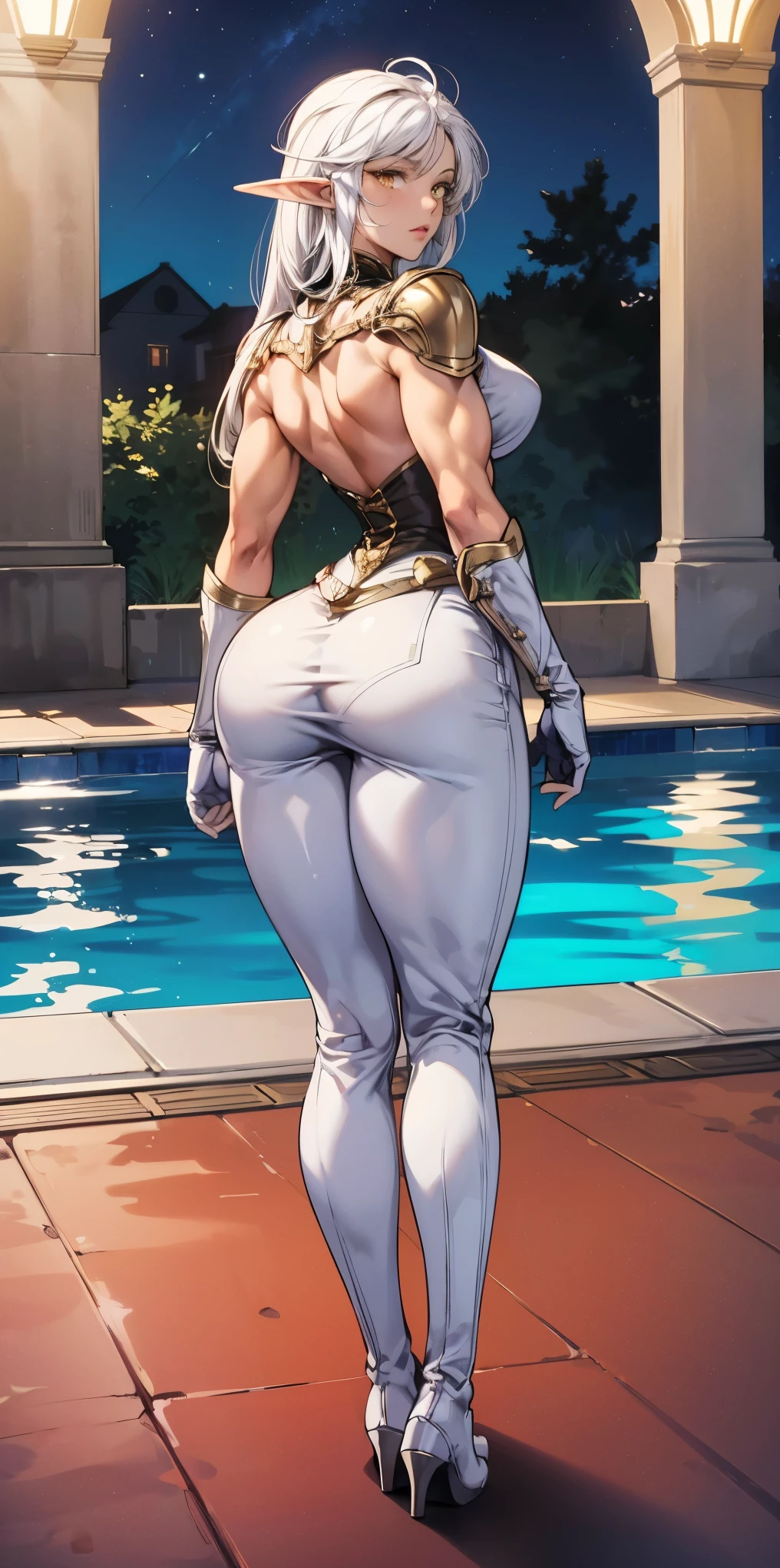 masterpiece, best quality, high quality, 1solo dark black SKIN elf, long hair, white hair, yellow eyes, full body, breastplate, looking at viewer, shiny, armor, thigh highs, high boots, shoulder armor, faulds, poleyn, gloves, gauntlets, (((1 girl))), medium to large breasts, a beautiful and cute lady, standing, (((in the pool at night))), (big muscular ass), {{{wearing armor }}} (thin waist), (incredibly beautiful full body photo, standing, (((bright eyes))), good anatomy, perfect hand muscular legs))), thin waist, muscular abdomen, wearing black high heel shoes, (((with her back to me showing her big shapely ass to me))), grabbing own ass