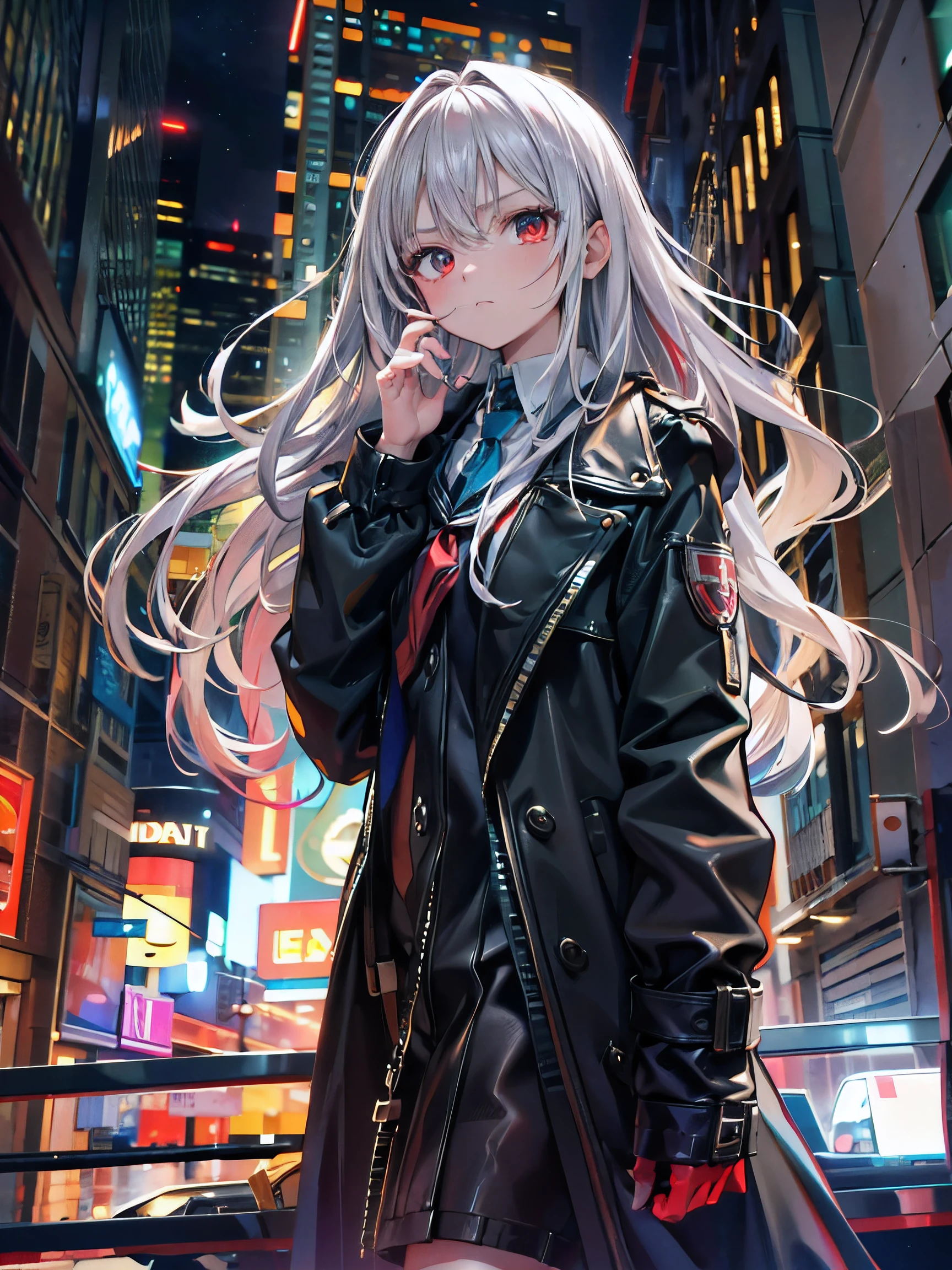 (masterpiece,best quality,ultra-detailed), CG, award winning, ccurate, UHD, textured skin, chromatic aberration, Fujicolor, 1 spy girl eavesdropping conversation in the building at night, teen, red eyes, long white hair, wearing a black coat, serious face, bold action