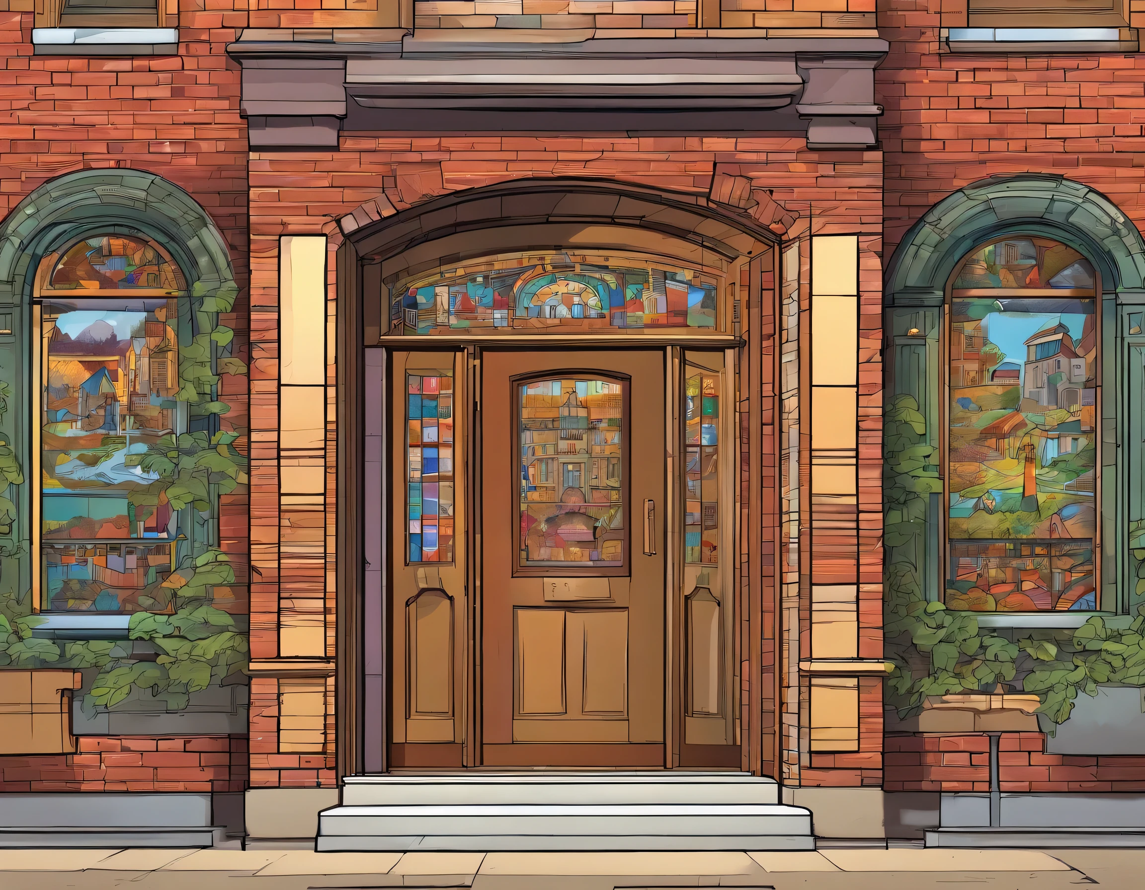 Makes the front of a building facade,the building has an old style,the door and under a high meadow and the door is an old door engraved and glazed with stained glass,the walls of this building are brick and have stained glass windows