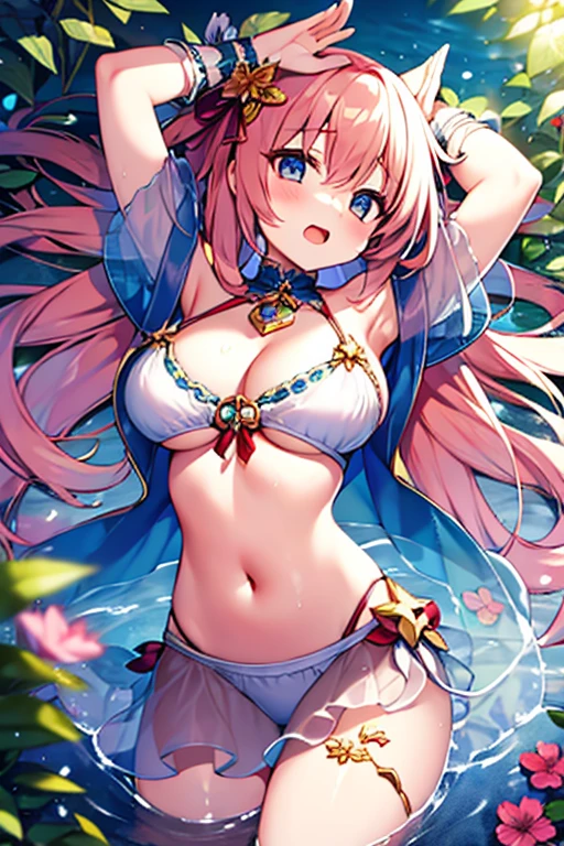 (masterpiece), (highest quality), (Super detailed), (best anatomy), official art, one girl, light colored hair , , Magical girl, see-through witch costume, small, cleavage, off shoulder, underboob, side boob, thigh focus, Navel exposed, hands behind body, stretch your chest, card illustration, Deep Forest Fountain