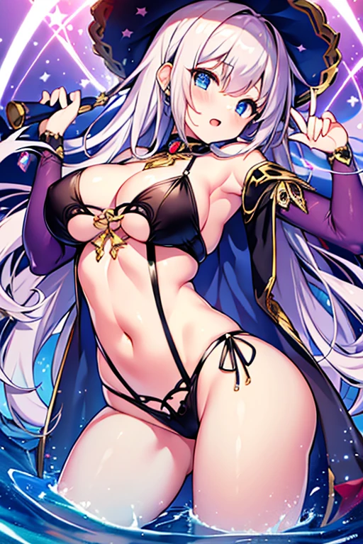 (masterpiece), (highest quality), (Super detailed), (best anatomy), official art, one girl, light colored hair , , Magical girl, see-through witch costume, small, cleavage, off shoulder, underboob, side boob, thigh focus, Navel exposed, hands behind body, stretch your chest, card illustration, Deep Forest Fountain