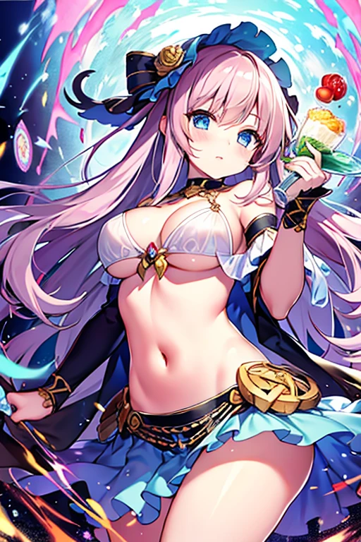 (masterpiece), (highest quality), (Super detailed), (best anatomy), official art, one girl, light colored hair ,  , Magical girl, see-through witch costume, small, cleavage, off shoulder, underboob, side boob, thigh focus, Navel exposed, hands behind body, stretch your chest, card illustration, Deep Forest Fountain