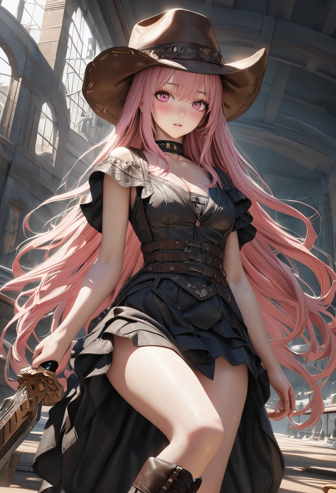 masterpiece,highest quality, Super detailed, High resolution, expensive resolution, HDR, 4k, 8K, unity 8k wallpaper, Super detailed CG, masterpiece, realistic, 2D, 3D, beautiful details, depth, fine texture , super fine: 1.3, Fully focused, Crispy.skin, .he, Very cute anime girl 、cowboy style costume、cowboy hat、cowboy boots technic wilderness、duel、long sword、Pink semi-long hair wearing expensive , one girl、alone, Pink semi-long hair, cowboy style、cowboy hat、long sword、duel、cowboy bootole under the eye, looking at the viewer , expensive , blush, mole, parted lips, hair ornaments, heart, pink eyes, choker