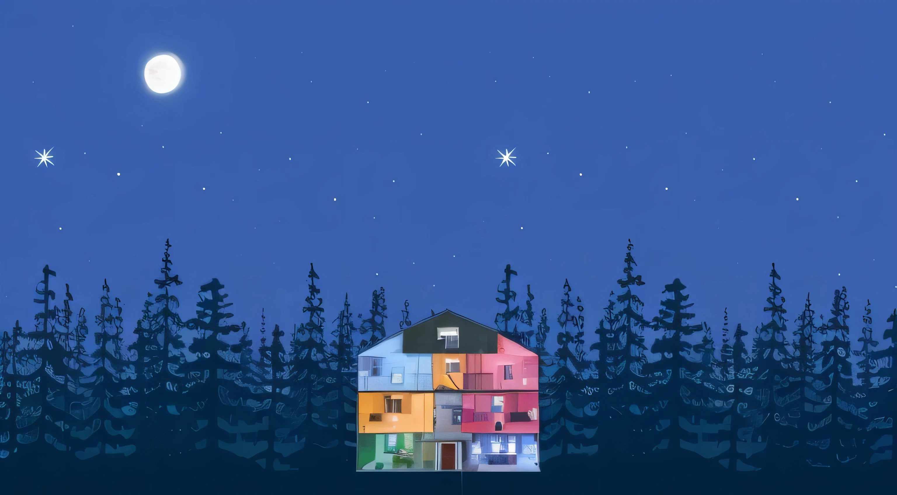 pine trees, colorful rooms, house, full moon, night stars, dark, night skies