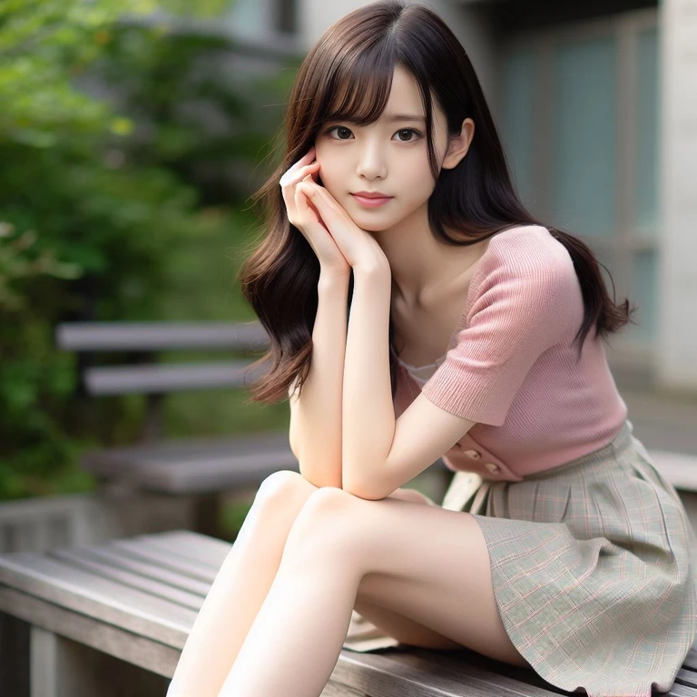 A woman in Arafe sitting on a bench with her hand on her chin, pretty face with arms and legs, cute young woman, Real young gravure idol, cute young woman, beautiful girl model, slim girl model photo, beautiful japanese girl face,, japanese model, beautiful japanese woman, young and cute girl